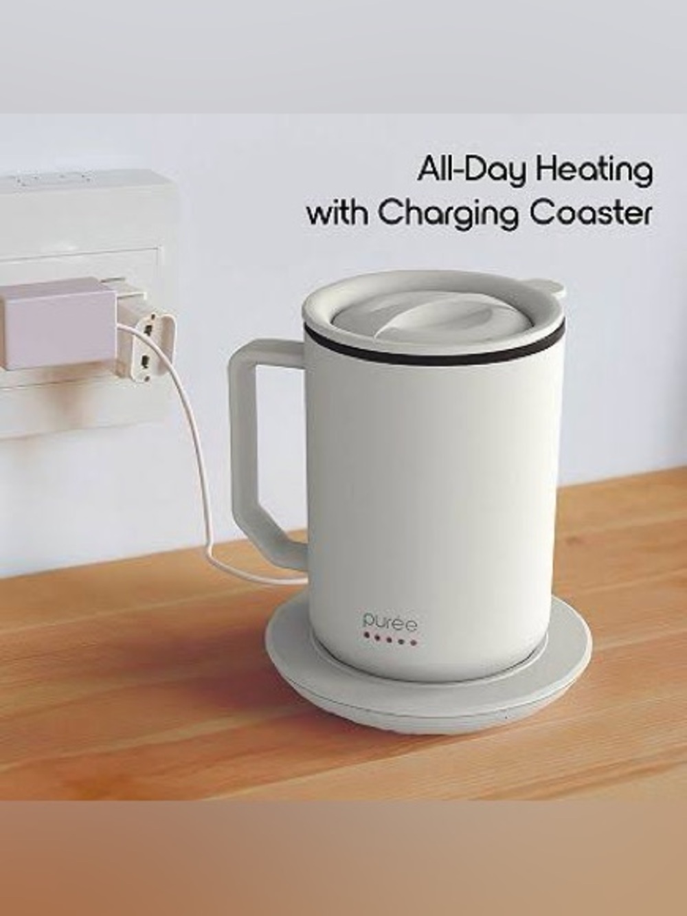Tzumi Puree Warming Coffee Mug Stainless Steel Warmer Coaster and Lid White